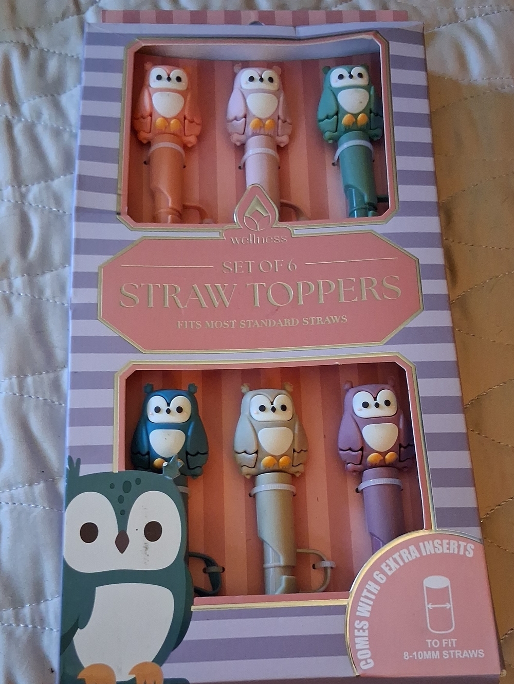 Wellness Owl Straw Toppers Set of 6 — Pink, Purple, Teal, Blue, Cream, Peach